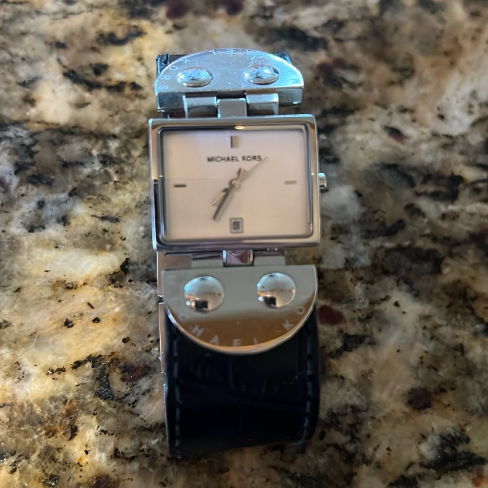 Michael Kors rectangle face watch black leather strap